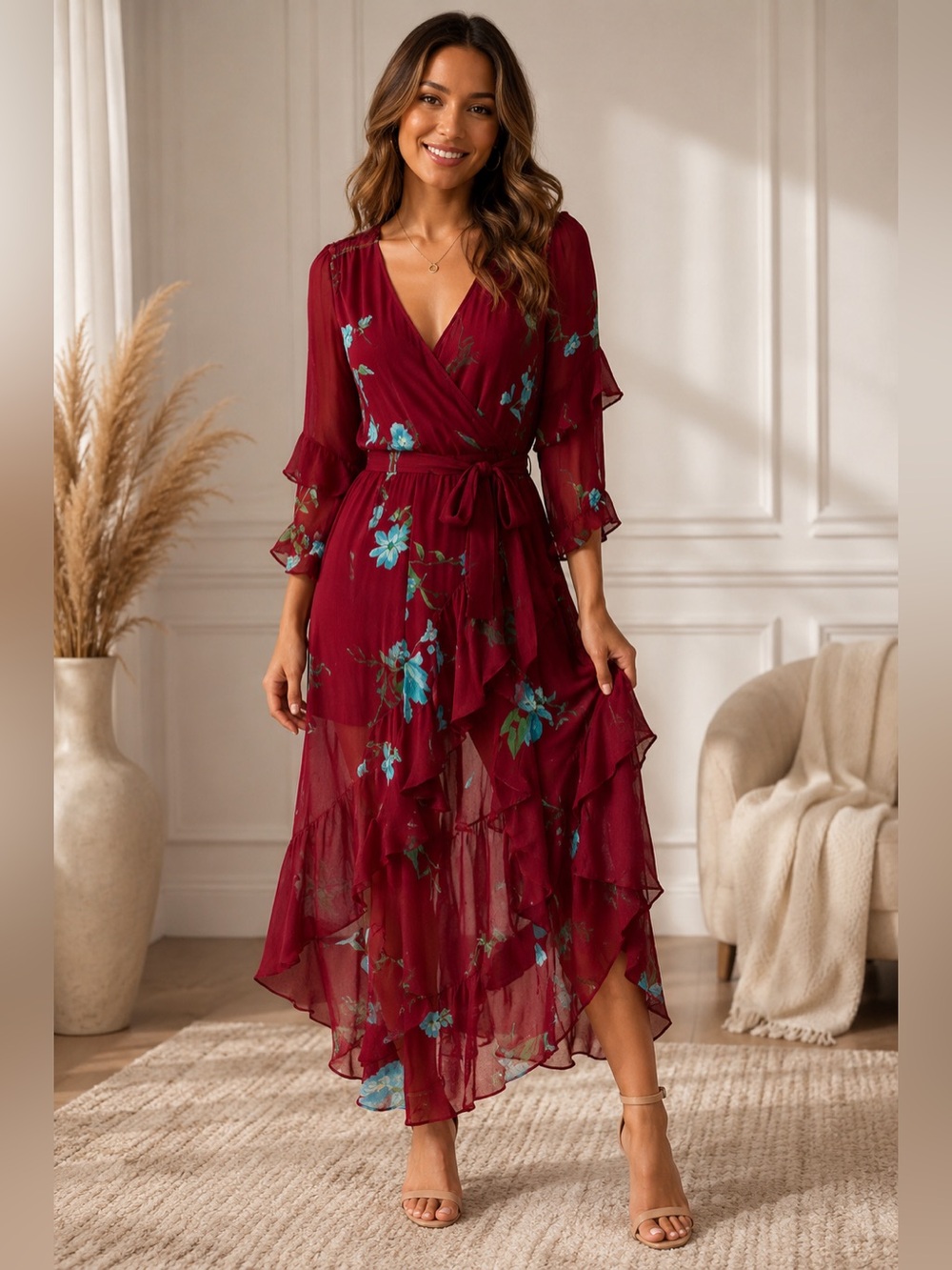 Joie 100% Silk Floral High-Low Wrap Maxi Dress